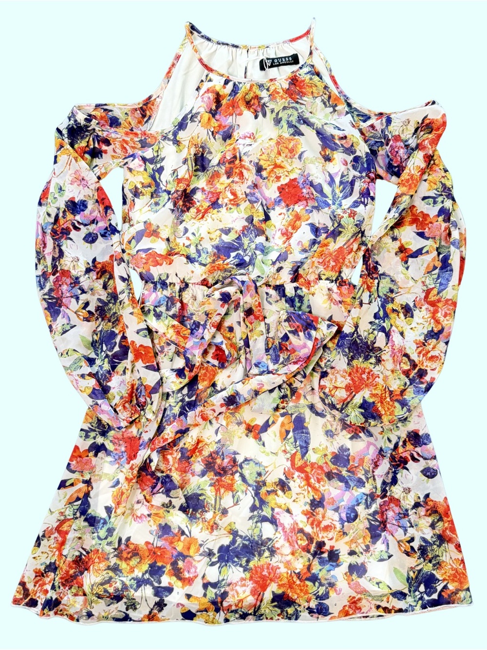Guess White Floral Cold-Shoulder Mini Dress with Multi-Color Bloom